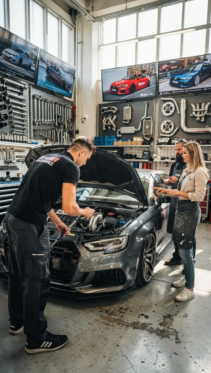 Professionelle Tuning-Werkstatt in Deutschland zeigt Motorleistungssteigerung an einem Hochleistungsturbomotor.