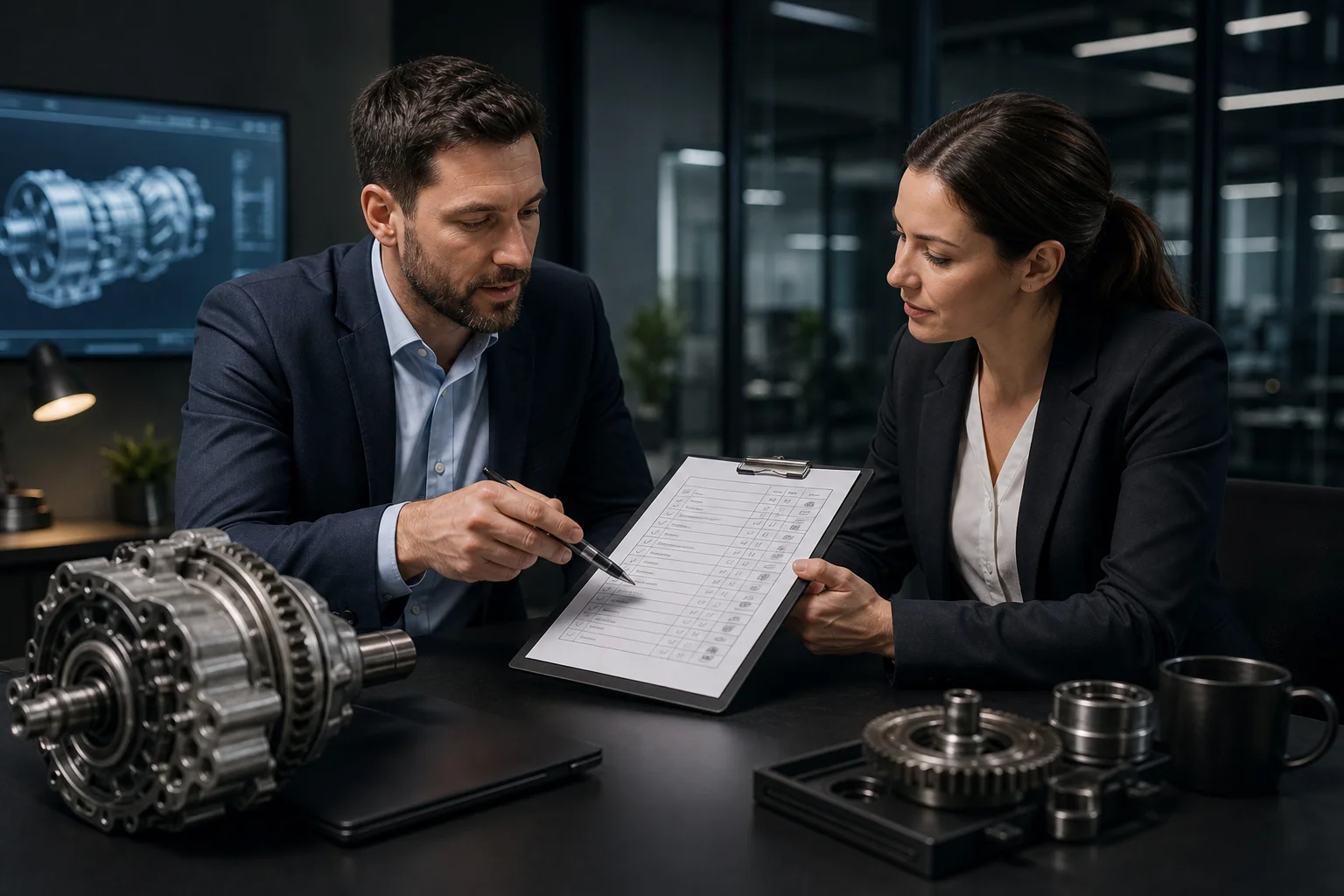 Kollegen besprechen Getriebe-Checkliste im Büro