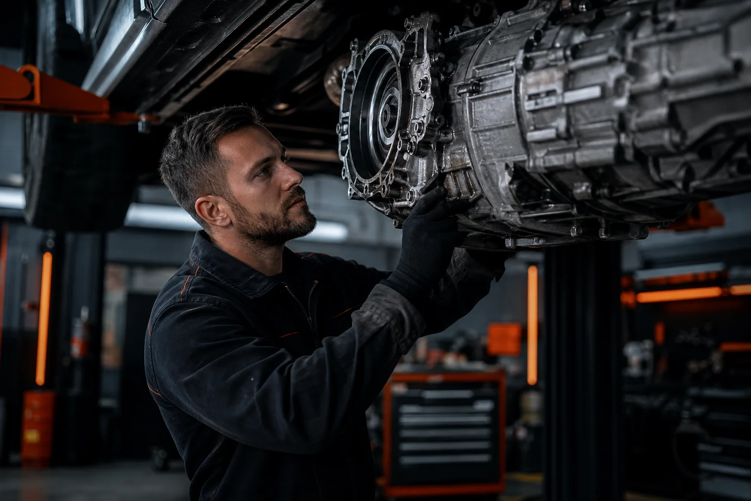 Getriebediagnose in dunkler Werkstatt