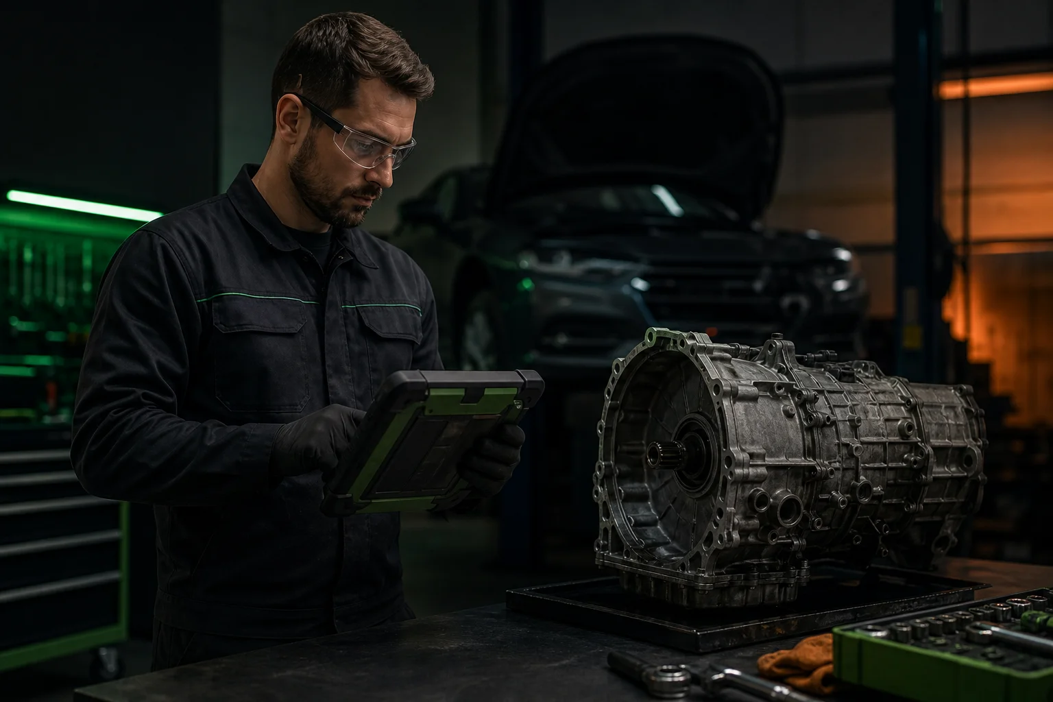 Techniker mit Diagnose-Tablet am Getriebe